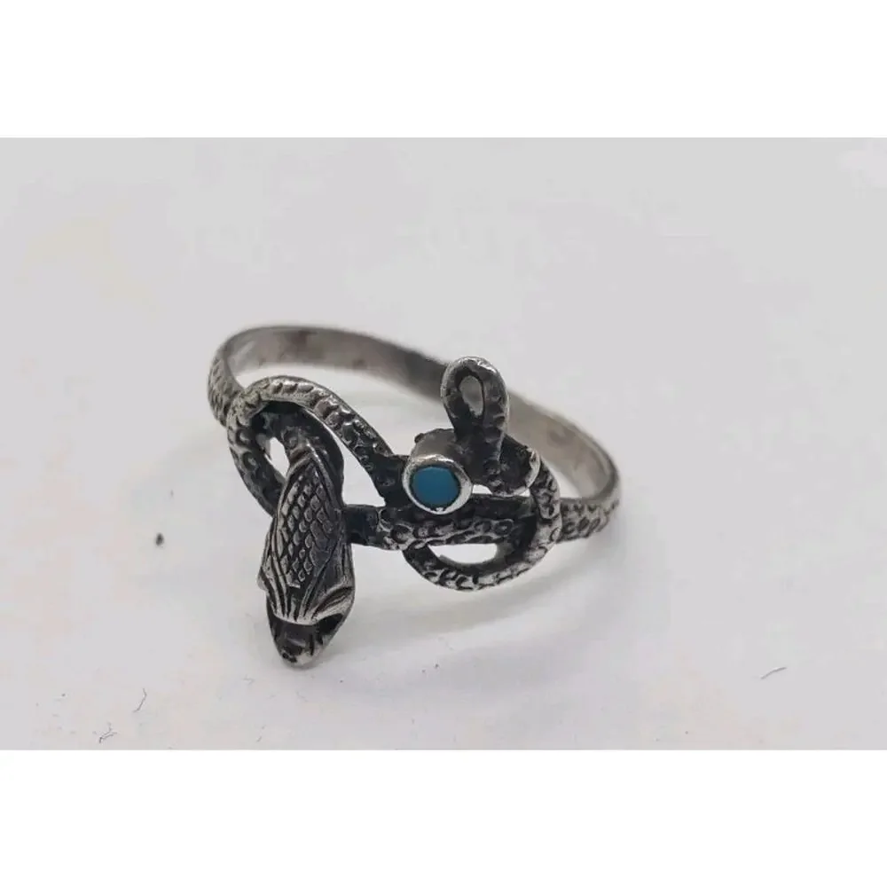 VTG Snake Ring With Turquoise 925 Sterling Silver Coiled Detailed Native 7.75